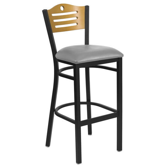 HERCULES Series Black Slat Back Metal Restaurant Barstool - Natural Wood Back, Custom Upholstered Seat XU-DG-6H3B-SLAT-BAR-UNP-GG