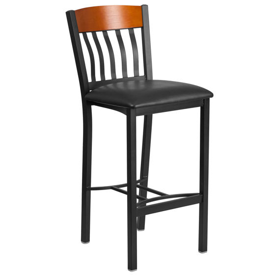 Eclipse Series Vertical Back Black Metal and Cherry Wood Restaurant Barstool with Black Vinyl Seat XU-DG-60618B-CHY-BLKV-GG