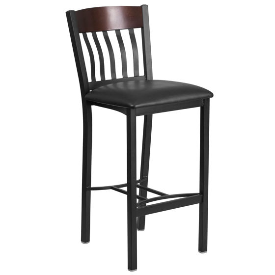 Eclipse Series Vertical Back Black Metal and Walnut Wood Restaurant Barstool with Black Vinyl Seat XU-DG-60618B-WAL-BLKV-GG