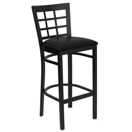 HERCULES Series Black Window Back Metal Restaurant Barstool - Black Vinyl Seat XU-DG6R7BWIN-BAR-BLKV-GG