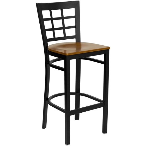 HERCULES Series Black Window Back Metal Restaurant Barstool - Cherry Wood Seat XU-DG6R7BWIN-BAR-CHYW-GG