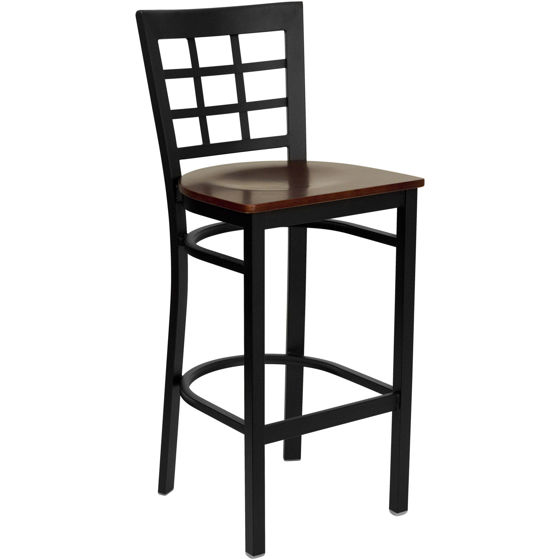 HERCULES Series Black Window Back Metal Restaurant Barstool - Mahogany Wood Seat XU-DG6R7BWIN-BAR-MAHW-GG