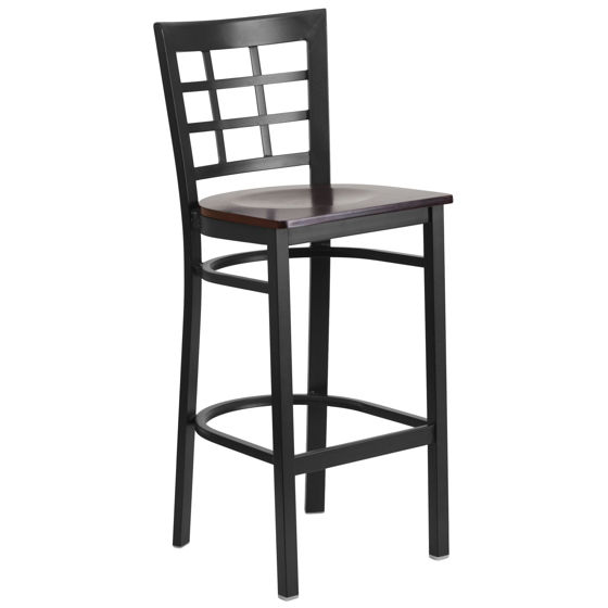 HERCULES Series Black Window Back Metal Restaurant Barstool - Walnut Wood Seat XU-DG6R7BWIN-BAR-WALW-GG