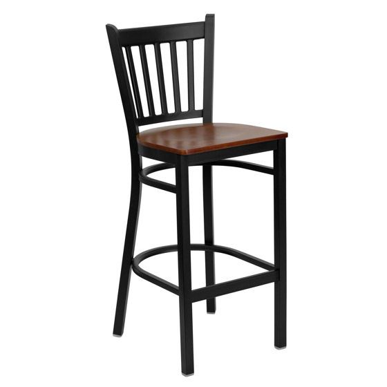 HERCULES Series Black Vertical Back Metal Restaurant Barstool - Cherry Wood Seat XU-DG-6R6B-VRT-BAR-CHYW-GG