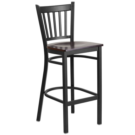 HERCULES Series Black Vertical Back Metal Restaurant Barstool - Walnut Wood Seat XU-DG-6R6B-VRT-BAR-WALW-GG