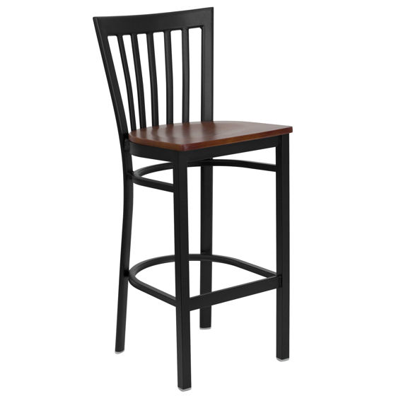 HERCULES Series Black School House Back Metal Restaurant Barstool - Cherry Wood Seat XU-DG6R8BSCH-BAR-CHYW-GG