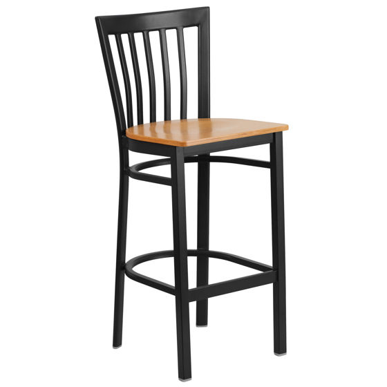 HERCULES Series Black School House Back Metal Restaurant Barstool - Natural Wood Seat XU-DG6R8BSCH-BAR-NATW-GG
