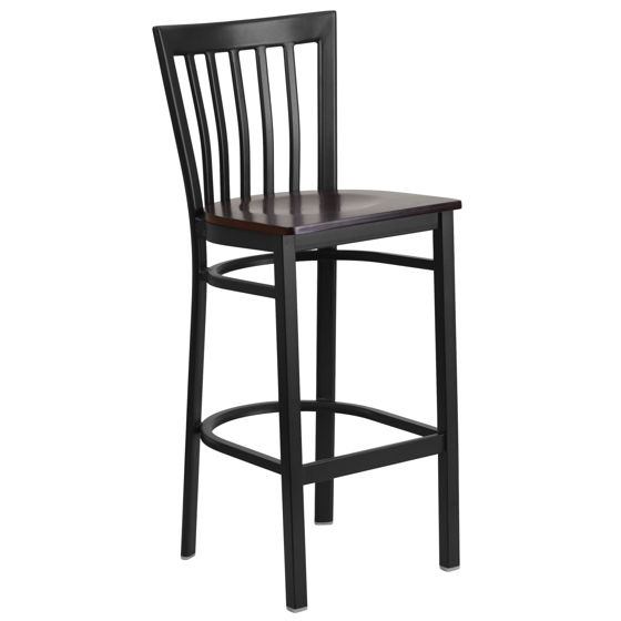 HERCULES Series Black School House Back Metal Restaurant Barstool - Walnut Wood Seat XU-DG6R8BSCH-BAR-WALW-GG
