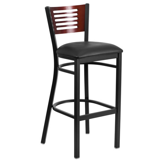 HERCULES Series Black Slat Back Metal Restaurant Barstool - Mahogany Wood Back, Black Vinyl Seat XU-DG-6H1B-MAH-BAR-BLKV-GG