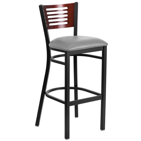 HERCULES Series Black Slat Back Metal Restaurant Barstool - Mahogany Wood Back, Custom Upholstered Seat XU-DG-6H1B-MAH-BAR-UNP-GG