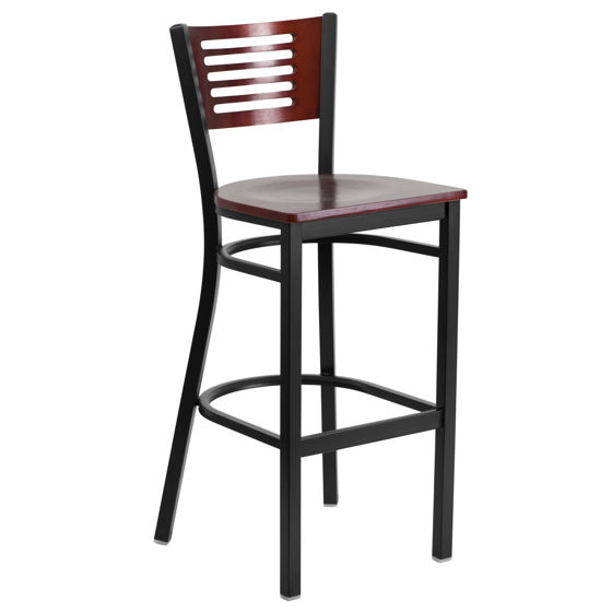 HERCULES Series Black Slat Back Metal Restaurant Barstool - Mahogany Wood Back & Seat XU-DG-6H1B-MAH-BAR-MTL-GG