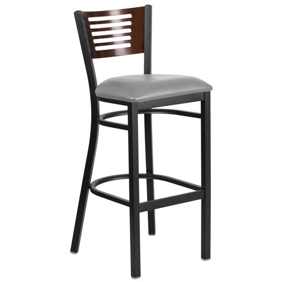 HERCULES Series Black Slat Back Metal Restaurant Barstool - Walnut Wood Back, Custom Upholstered Seat XU-DG-6H1B-WAL-BAR-UNP-GG