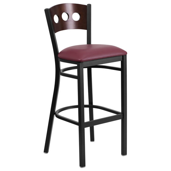 HERCULES Series Black 3 Circle Back Metal Restaurant Barstool - Walnut Wood Back, Burgundy Vinyl Seat XU-DG-60516-WAL-BAR-BURV-GG