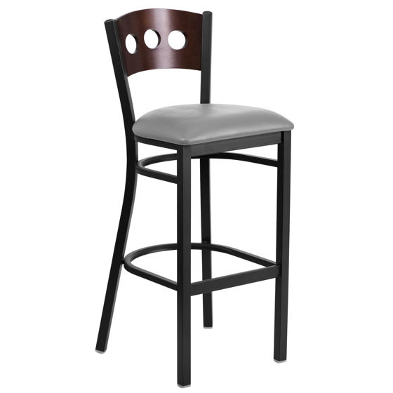 HERCULES Series Black 3 Circle Back Metal Restaurant Barstool - Walnut Wood Back, Custom Upholstered Seat XU-DG-60516-WAL-BAR-UNP-GG