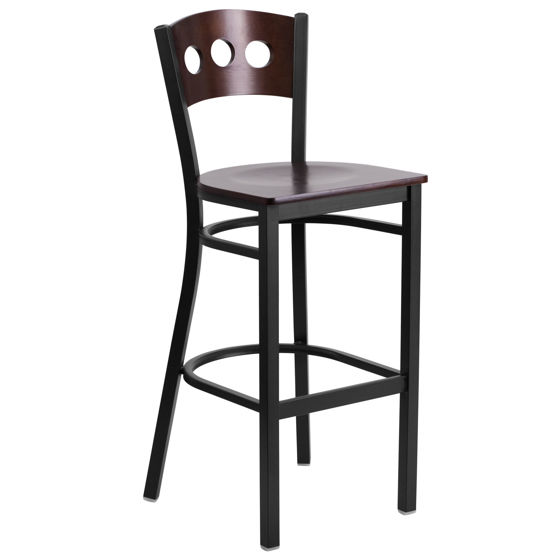 HERCULES Series Black 3 Circle Back Metal Restaurant Barstool - Walnut Wood Back & Seat XU-DG-60516-WAL-BAR-MTL-GG
