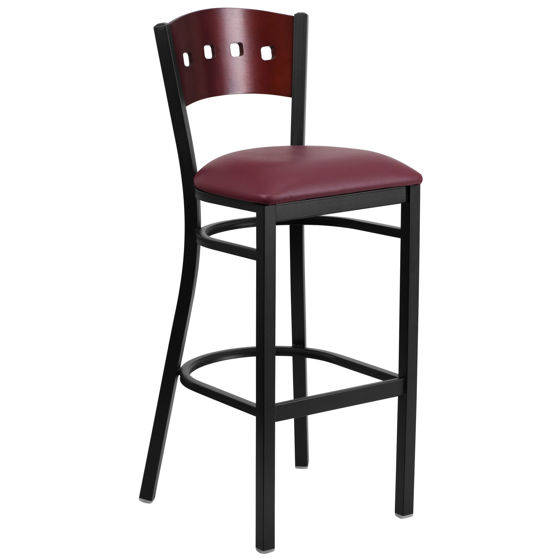 HERCULES Series Black 4 Square Back Metal Restaurant Barstool - Mahogany Wood Back, Burgundy Vinyl Seat XU-DG-60515-MAH-BAR-BURV-GG