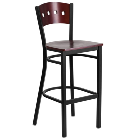 HERCULES Series Black 4 Square Back Metal Restaurant Barstool - Mahogany Wood Back & Seat XU-DG-60515-MAH-BAR-MTL-GG