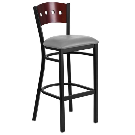 HERCULES Series Black 4 Square Back Metal Restaurant Barstool - Mahogany Wood Back, Custom Upholstered Seat XU-DG-60515-MAH-BAR-UNP-GG