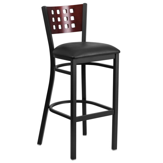 HERCULES Series Black Cutout Back Metal Restaurant Barstool - Mahogany Wood Back, Black Vinyl Seat XU-DG-60118-MAH-BAR-BLKV-GG