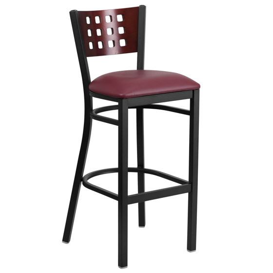 HERCULES Series Black Cutout Back Metal Restaurant Barstool - Mahogany Wood Back, Burgundy Vinyl Seat XU-DG-60118-MAH-BAR-BURV-GG