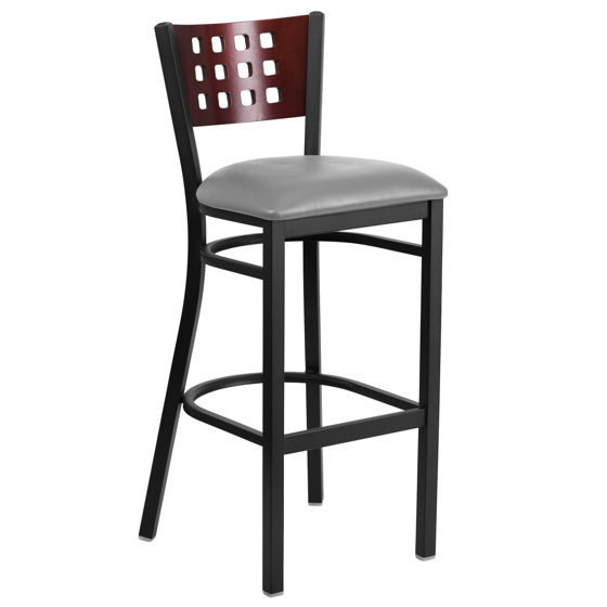 HERCULES Series Black Cutout Back Metal Restaurant Barstool - Mahogany Wood Back, Custom Upholstered Seat XU-DG-60118-MAH-BAR-UNP-GG