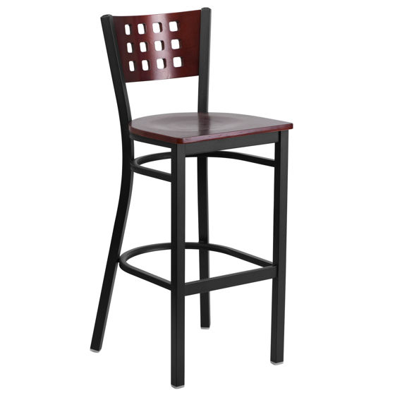 HERCULES Series Black Cutout Back Metal Restaurant Barstool - Mahogany Wood Back & Seat XU-DG-60118-MAH-BAR-MTL-GG