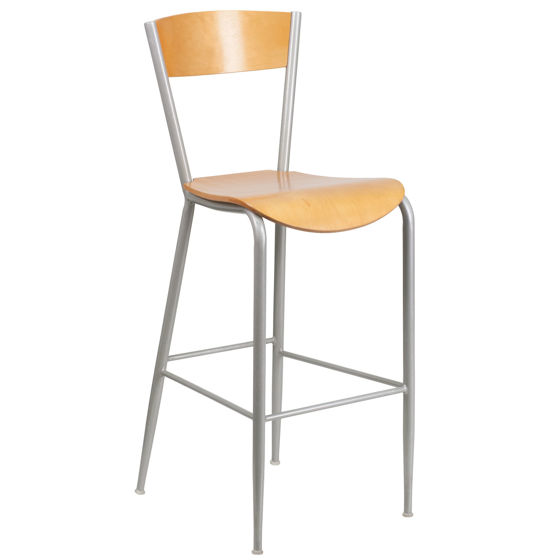 Invincible Series Silver Metal Restaurant Barstool - Natural Wood Back & Seat XU-DG-60218-NAT-GG