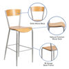 Invincible Series Silver Metal Restaurant Barstool - Natural Wood Back & Seat XU-DG-60218-NAT-GG