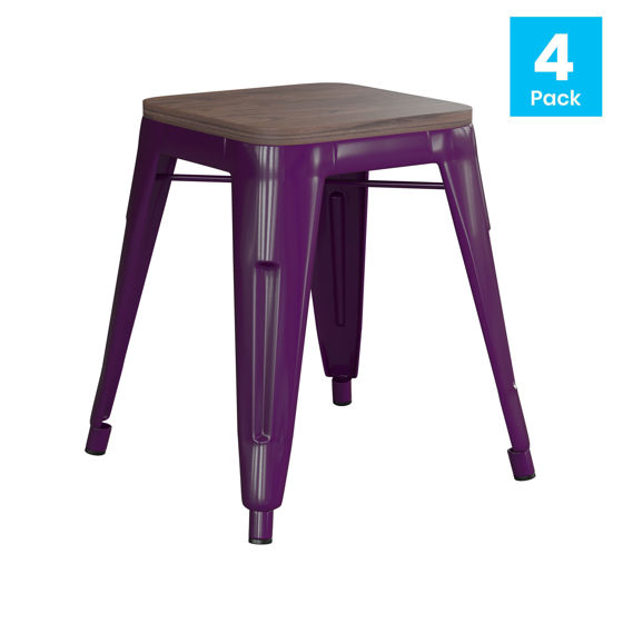 18" Backless Table Height Stool with Wooden Seat, Stackable Purple Metal Indoor Dining Stool, Commercial Grade - Set of 4 ET-BT3503-18-PR-WD-GG
