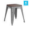 18" Backless Table Height Stool with Wooden Seat, Stackable Silver Metal Indoor Dining Stool, Commercial Grade - Set of 4 ET-BT3503-18-SIL-WD-GG