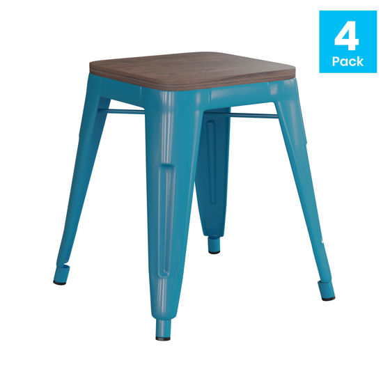 18" Backless Table Height Stool with Wooden Seat, Stackable Teal Metal Indoor Dining Stool, Commercial Grade - Set of 4 ET-BT3503-18-TL-WD-GG