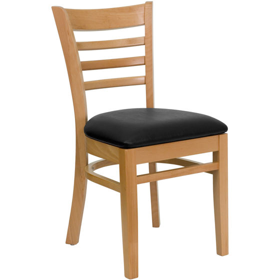 HERCULES Series Ladder Back Natural Wood Restaurant Chair - Black Vinyl Seat XU-DGW0005LAD-NAT-BLKV-GG