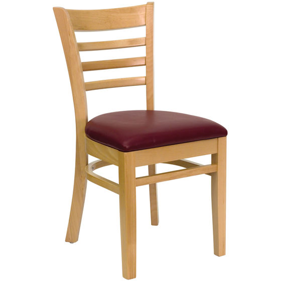 HERCULES Series Ladder Back Natural Wood Restaurant Chair - Burgundy Vinyl Seat XU-DGW0005LAD-NAT-BURV-GG