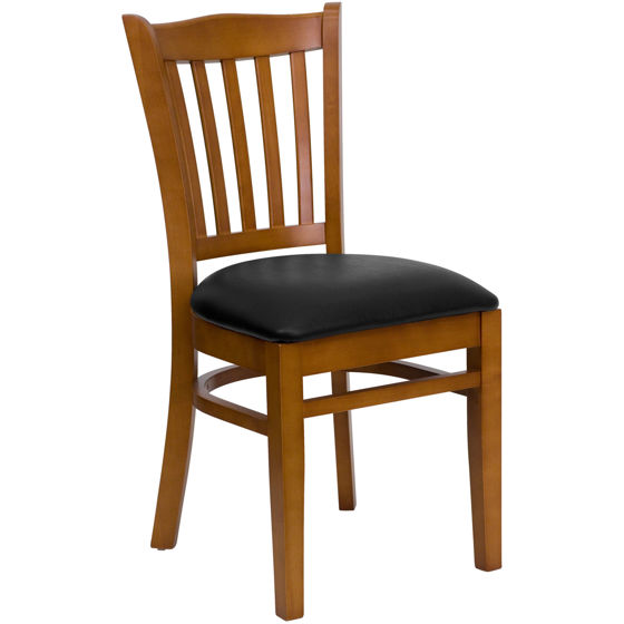 HERCULES Series Vertical Slat Back Cherry Wood Restaurant Chair - Black Vinyl Seat XU-DGW0008VRT-CHY-BLKV-GG
