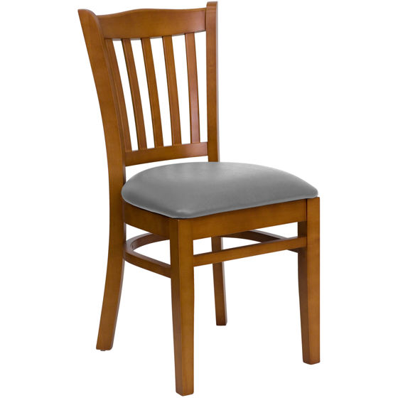 HERCULES Series Vertical Slat Back Cherry Wood Restaurant Chair - Custom Upholstered Seat XU-DGW0008VRT-CHY-UNP-GG