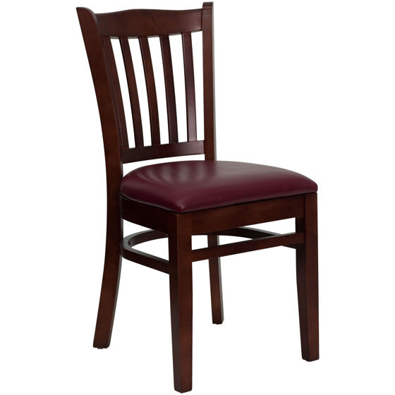 HERCULES Series Vertical Slat Back Mahogany Wood Restaurant Chair - Burgundy Vinyl Seat XU-DGW0008VRT-MAH-BURV-GG