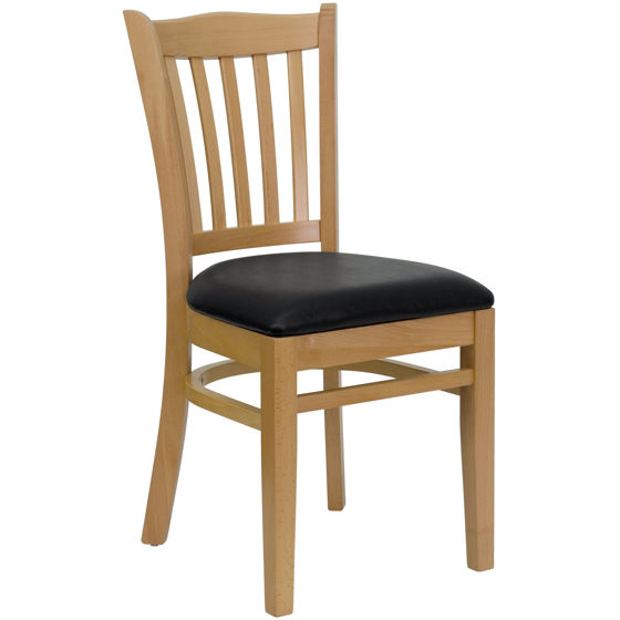 HERCULES Series Vertical Slat Back Natural Wood Restaurant Chair - Black Vinyl Seat XU-DGW0008VRT-NAT-BLKV-GG