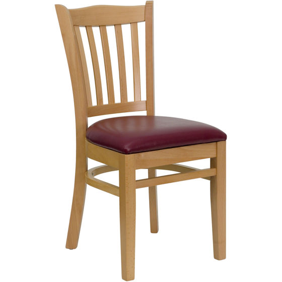 HERCULES Series Vertical Slat Back Natural Wood Restaurant Chair - Burgundy Vinyl Seat XU-DGW0008VRT-NAT-BURV-GG