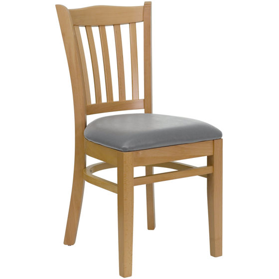 HERCULES Series Vertical Slat Back Natural Wood Restaurant Chair - Custom Upholstered Seat XU-DGW0008VRT-NAT-UNP-GG