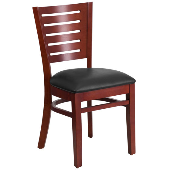 Darby Series Slat Back Mahogany Wood Restaurant Chair - Black Vinyl Seat XU-DG-W0108-MAH-BLKV-GG