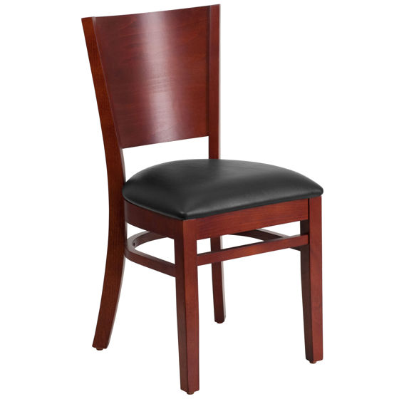 Lacey Series Solid Back Mahogany Wood Restaurant Chair - Black Vinyl Seat XU-DG-W0094B-MAH-BLKV-GG