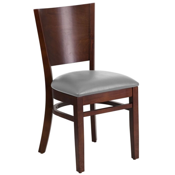 Lacey Series Solid Back Walnut Wood Restaurant Chair - Custom Upholstered Seat XU-DG-W0094B-WAL-UNP-GG