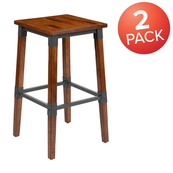 2 Pack Rustic Antique Walnut Industrial Wood Dining Backless Barstool 2-XU-DG-W0247B-GG