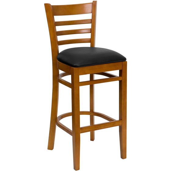 HERCULES Series Ladder Back Cherry Wood Restaurant Barstool - Black Vinyl Seat XU-DGW0005BARLAD-CHY-BLKV-GG