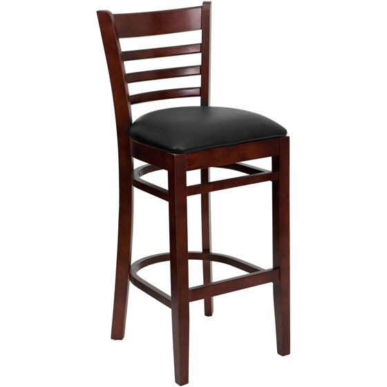 HERCULES Series Ladder Back Mahogany Wood Restaurant Barstool - Black Vinyl Seat XU-DGW0005BARLAD-MAH-BLKV-GG