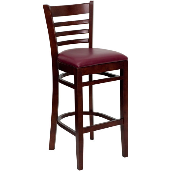 HERCULES Series Ladder Back Mahogany Wood Restaurant Barstool - Burgundy Vinyl Seat XU-DGW0005BARLAD-MAH-BURV-GG