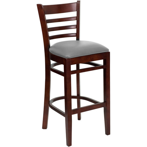 HERCULES Series Ladder Back Mahogany Wood Restaurant Barstool - Custom Upholstered Seat XU-DGW0005BARLAD-MAH-UNP-GG