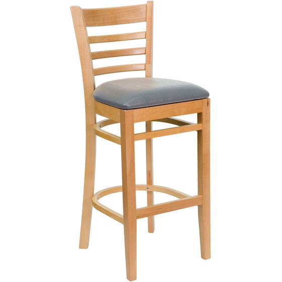 HERCULES Series Ladder Back Natural Wood Restaurant Barstool - Custom Upholstered Seat XU-DGW0005BARLAD-NAT-UNP-GG