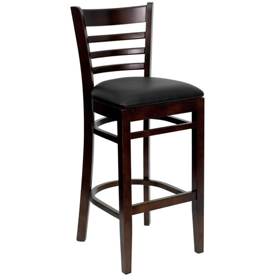 HERCULES Series Ladder Back Walnut Wood Restaurant Barstool - Black Vinyl Seat XU-DGW0005BARLAD-WAL-BLKV-GG