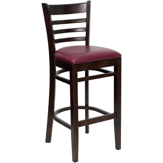 HERCULES Series Ladder Back Walnut Wood Restaurant Barstool - Burgundy Vinyl Seat XU-DGW0005BARLAD-WAL-BURV-GG